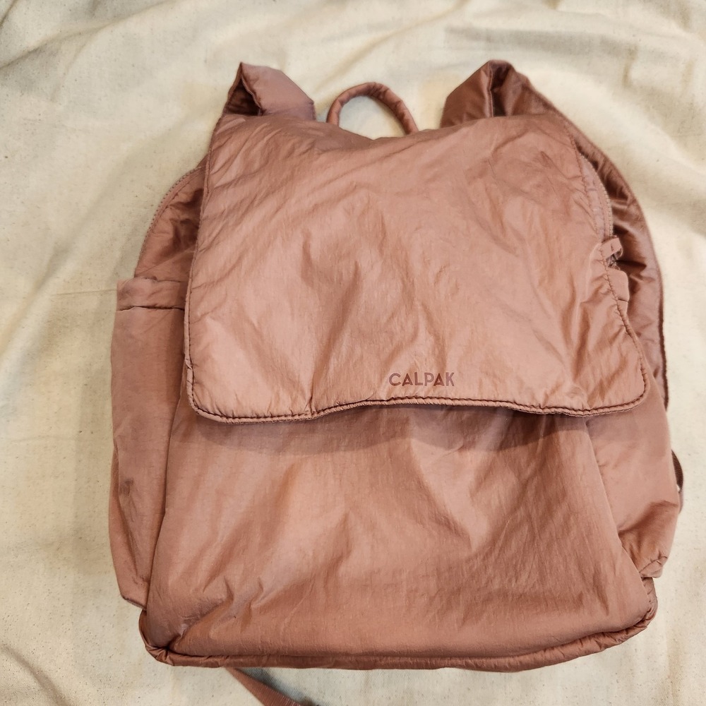 Calpak Puffer Backpack Mauve Rose Quilted Nylon Travel Laptop Bag Pass Through